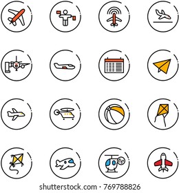 line vector icon set - plane vector, traffic controller, radar, arrival, boarding passengers, small, schedule, paper fly, helicopter, ball, kite, toy