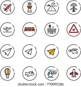 line vector icon set - plane vector, airport tower, runway, radar, departure, waiting area, building, road sign, paper, fly, helicopter, air balloon, toy
