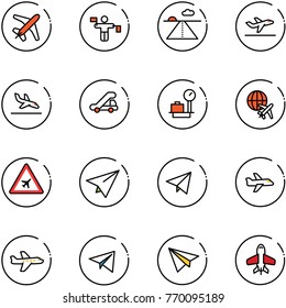 line vector icon set - plane vector, traffic controller, runway, departure, arrival, trap truck, baggage scales, globe, airport road sign, paper, fly, toy