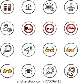 line vector icon set - plane seats vector, bank, account, no trailer road sign, cart horse, truck overtake, magnifier, telescope, sunglasses, eye scanner, teethers