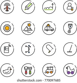 line vector icon set - plane radar vector, highlight marker, growth, winner, sun, pyramid, car baggage, piston, server wireless, bezier, fretsaw, rake, duck toy, shovel fork, train