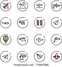 line vector icon set - plane vector, runway, departure, boarding passengers, small, helicopter, seats, paper fly, air balloon, boomerang, toy