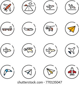 line vector icon set - plane vector, runway, departure, arrival, baggage truck, small, helicopter, paper fly, boomerang, toy
