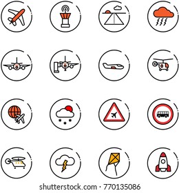 line vector icon set - plane vector, airport tower, runway, storm, boarding passengers, small, helicopter, globe, snowfall, road sign, no bus, kite, rocket