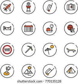 line vector icon set - plane vector, airport tower, suitcase, hotel, schedule, baggage scales, globe, customs road sign, job, beach, lounger, palm, pyramid, tent