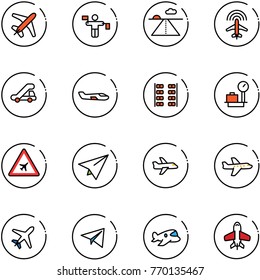 line vector icon set - plane vector, traffic controller, runway, radar, trap truck, small, seats, baggage scales, airport road sign, paper, toy