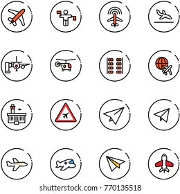line vector icon set - plane vector, traffic controller, radar, arrival, boarding passengers, helicopter, seats, globe, airport building, road sign, paper, fly, toy