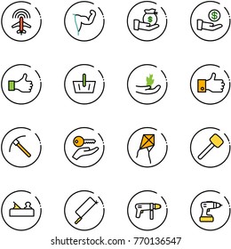 line vector icon set - plane radar vector, power hand, investment, like, basket, sproute, finger up, rock axe, key, kite, rubber hammer, jointer, metal hacksaw, drill machine