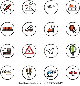 line vector icon set - plane vector, runway, departure, baggage, waiting area, trap truck, scales, globe, airport building, road sign, paper fly, air balloon, helicopter, toy