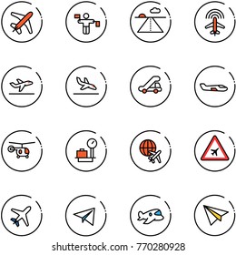 line vector icon set - plane vector, traffic controller, runway, radar, departure, arrival, trap truck, small, helicopter, baggage scales, globe, airport road sign, paper, toy
