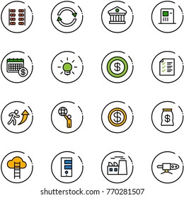 line vector icon set - plane seats vector, exchange, bank, atm, calendar, bulb, dollar, list, career, world, money bag, cloud ladder, server, plant, pipe welding
