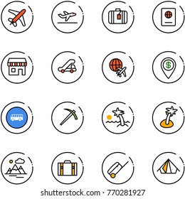line vector icon set - plane vector, departure, suitcase, passport, duty free, trap truck, globe, dollar pin, bus road sign, job, palm, mountains, tent