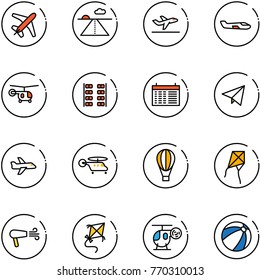 line vector icon set - plane vector, runway, departure, small, helicopter, seats, schedule, paper fly, air balloon, kite, dryer, toy, beach ball