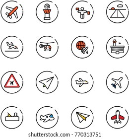 line vector icon set - plane vector, airport tower, traffic controller, runway, arrival, helicopter, globe, building, road sign, paper, jointer, toy