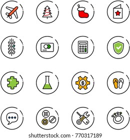 line vector icon set - plane vector, christmas tree, sock, star postcard, spica, credit card, calculator, shield check, puzzle, flask, money managemet, flip flops, chat, rivet, wrench screwdriver