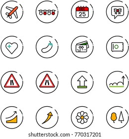line vector icon set - plane vector, garland, 25 dec calendar, bow message, heart, eggplant, credit card, safe, Road narrows sign, uplooad, growth, rise, flower, forest