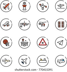 line vector icon set - plane vector, airport tower, traffic controller, departure, trap truck, boarding passengers, helicopter, seats, globe, building, road sign, paper fly, jointer, toy