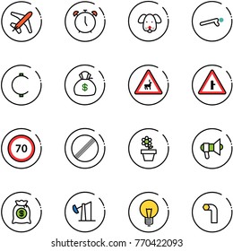 line vector icon set - plane vector, alarm clock, dog, push ups, cent, money bag, wild animals road sign, intersection, speed limit 70, no, flower pot, megaphone, oil derrick, bulb, allen key