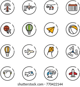 line vector icon set - plane radar vector, boarding passengers, helicopter, schedule, globe, air balloon, paper fly, ball, kite, wind mill, protect glass, toy