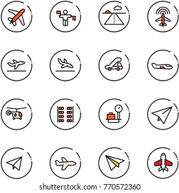 line vector icon set - plane vector, traffic controller, runway, radar, departure, arrival, trap truck, small, helicopter, seats, baggage scales, paper, fly, toy