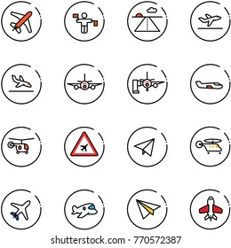 line vector icon set - plane vector, traffic controller, runway, departure, arrival, boarding passengers, small, helicopter, airport road sign, paper fly, toy