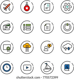 line vector icon set - plane vector, christmas ball, patient card, heart gear, credit, menu, document, standby, certificate, cloud ladder, money dialog, exchange data, clock, playback, sailboat toy