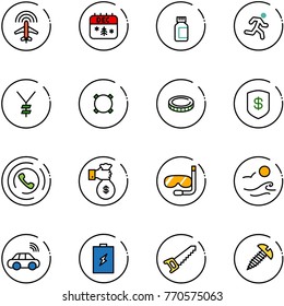 line vector icon set - plane radar vector, christmas calendar, pills bottle, run, yen, currency, coin, safe, phone horn, rich, diving, waves, car wireless, battery, saw, screw