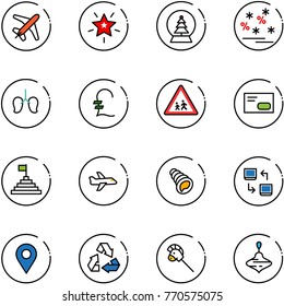 line vector icon set - plane vector, christmas star, snowball tree, sale, lungs, pound, children road sign, envelope, pyramid flag, shell, data exchange, navigation pin, recycling, horse stick toy