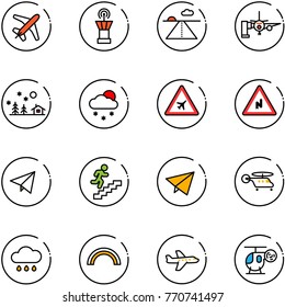 line vector icon set - plane vector, airport tower, runway, boarding passengers, christmas landscape, snowfall, road sign, abrupt turn right, paper fly, career, helicopter, rain cloud, rainbow, toy