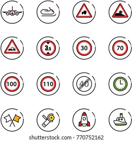 line vector icon set - plane vector, snowmobile, tractor way road sign, steep roadside, car crash, limited height, speed limit 30, 70, 100, 110, end, time, flags cross, Angular grinder, rocket