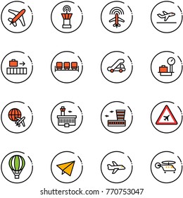 line vector icon set - plane vector, airport tower, radar, departure, baggage, waiting area, trap truck, scales, globe, building, road sign, air balloon, paper fly, helicopter
