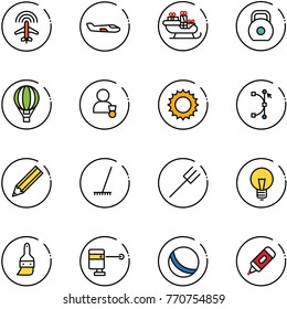 line vector icon set - plane radar vector, small, santa sleigh, weight, air balloon, winner, sun, bezier, pencil, rake, farm fork, bulb, brush, laser lever, ball, marker