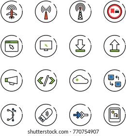 line vector icon set - plane radar vector, antenna, no truck overtake road sign, cursor browser, monitor, download, uplooad, loudspeaker, tag code, cloud, data exchange, bezier, usb wi fi, connect