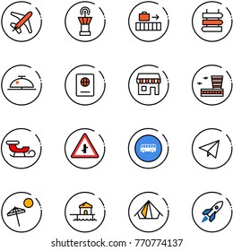 line vector icon set - plane vector, airport tower, baggage, sign post, client bell, passport, duty free, building, sleigh, intersection road, bus, paper fly, beach, bungalow, tent, rocket