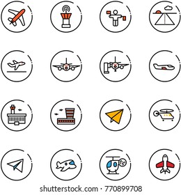 line vector icon set - plane vector, airport tower, traffic controller, runway, departure, boarding passengers, small, building, paper fly, helicopter, toy