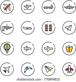 line vector icon set - plane vector, departure, baggage truck, boarding passengers, small, seats, paper fly, air balloon, butterfly, boomerang, toy