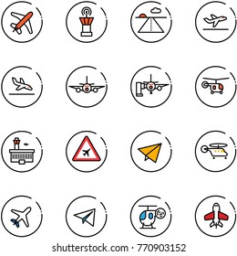 line vector icon set - plane vector, airport tower, runway, departure, arrival, boarding passengers, helicopter, building, road sign, paper fly, toy
