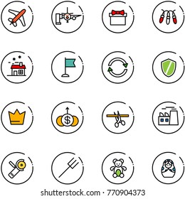 line vector icon set - plane vector, boarding passengers, gift, garland, house, flag, exchange, shield, crown, dollar growth, opening, plant, Angular grinder, farm fork, bear toy, russian doll
