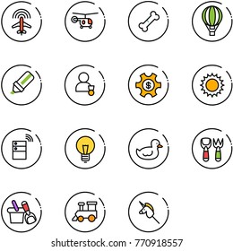 line vector icon set - plane radar vector, helicopter, broken bone, air balloon, highlight marker, winner, money managemet, sun, server wireless, bulb, duck toy, shovel fork, bucket, train