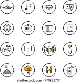 line vector icon set - plane vector, ruble, coin, cash, dollar sun, bank, atm, account statement, investment, monitor cursor, group, tie, pyramid flag, cloud ladder, agreement, identity card