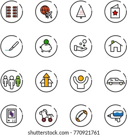 line vector icon set - plane seats vector, globe, christmas tree, star postcard, scalpel, piggy bank, cash pay, home, group, arrows up, success, limousine, game console, wheel horse, football