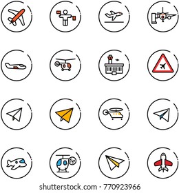 line vector icon set - plane vector, traffic controller, departure, boarding passengers, small, helicopter, airport building, road sign, paper fly, toy