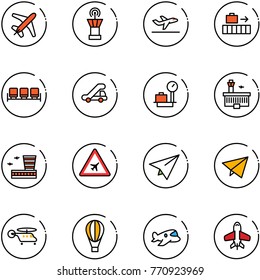 line vector icon set - plane vector, airport tower, departure, baggage, waiting area, trap truck, scales, building, road sign, paper, fly, helicopter, air balloon, toy