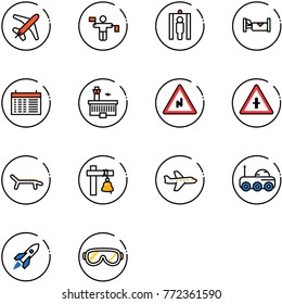line vector icon set - plane vector, traffic controller, metal detector gate, hotel, schedule, airport building, abrupt turn right road sign, intersection, lounger, ship bell, moon rover, rocket