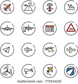 line vector icon set - plane vector, runway, radar, arrival, boarding passengers, schedule, side wind road sign, paper fly, helicopter, mill, dryer, kite, beach ball