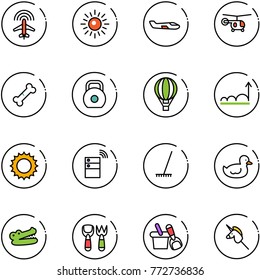 line vector icon set - plane radar vector, sun, small, helicopter, broken bone, weight, air balloon, growth, server wireless, rake, duck toy, crocodile, shovel fork, bucket, unicorn stick