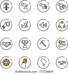 line vector icon set - plane radar vector, investment, card pay, cash, volume max, social, agreement, cup, rock axe, key hand, wheel, kite, fretsaw, pipe welding