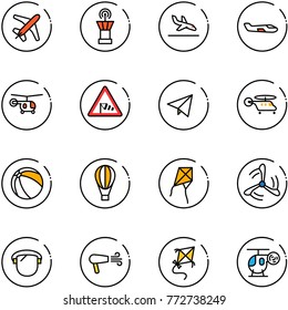 line vector icon set - plane vector, airport tower, arrival, small, helicopter, side wind road sign, paper fly, ball, air balloon, kite, mill, protect glass, dryer, toy