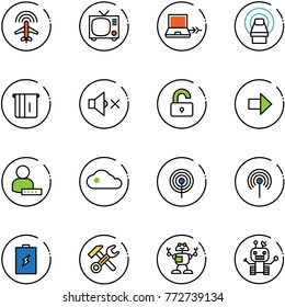 line vector icon set - plane radar vector, tv, netabook connect, mri, atm, volume off, unlocked, right arrow, user password, cloud, antenna, battery, wrench hammer, robot