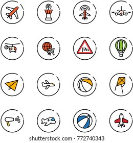 line vector icon set - plane vector, airport tower, radar, helicopter, globe, side wind road sign, air balloon, paper fly, ball, kite, dryer, toy, beach